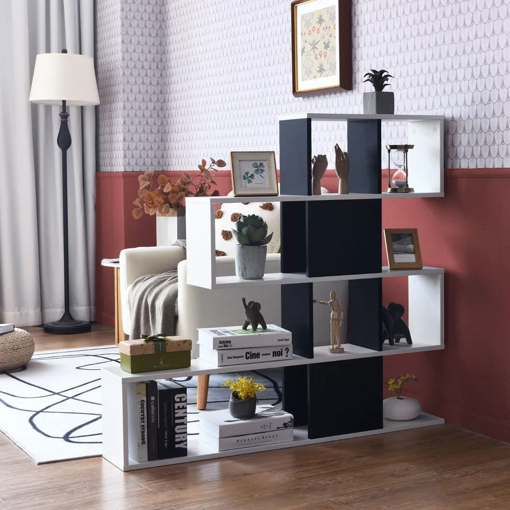 B2X - Divisorio moderno in legno stile scala a 5 livelli per libri 120 x 19,5 x 109 cm Bianco e nero, 130 cm