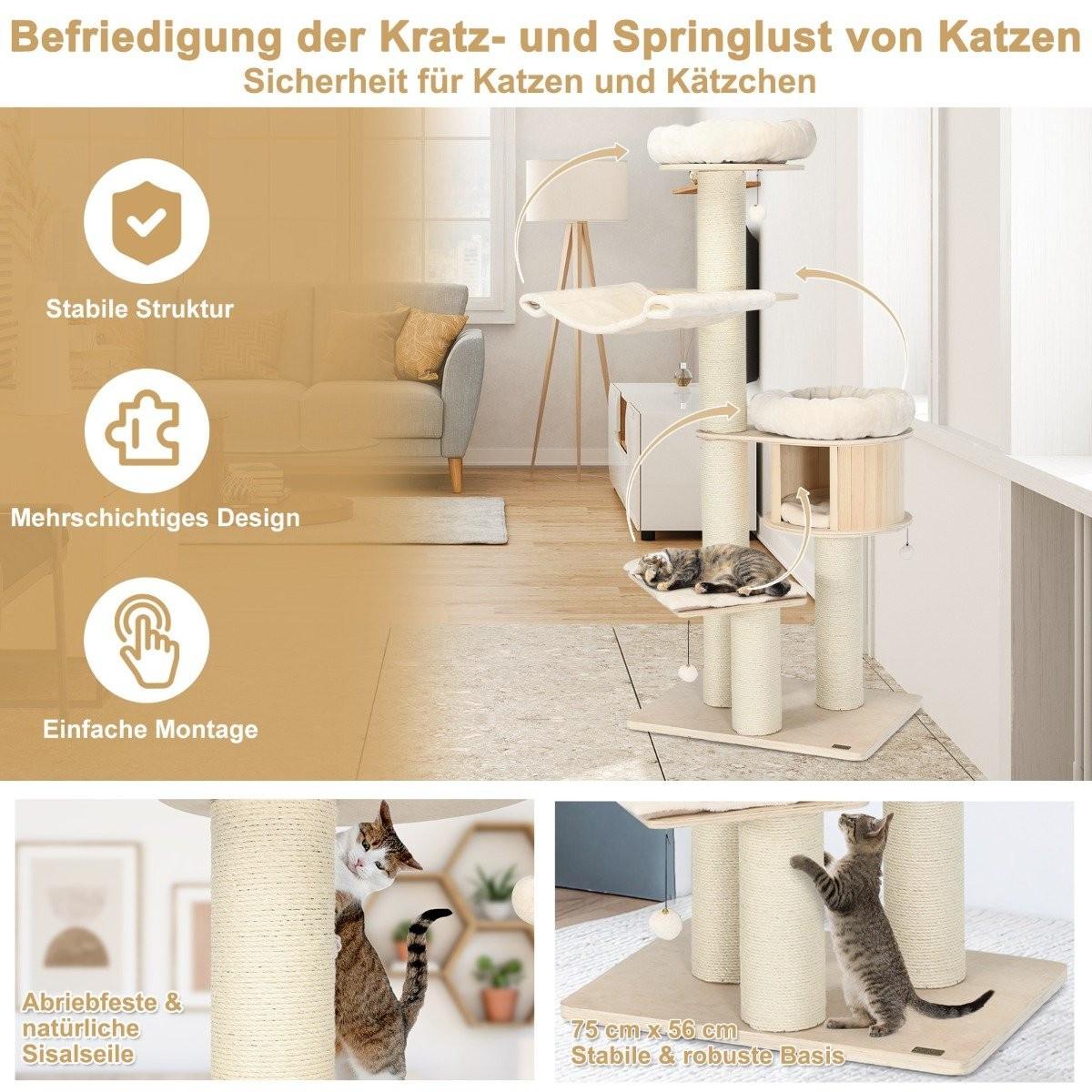 Northio  174 cm Katzenbaum aus Massivholz 4-Etagen Katzenturm Natur 