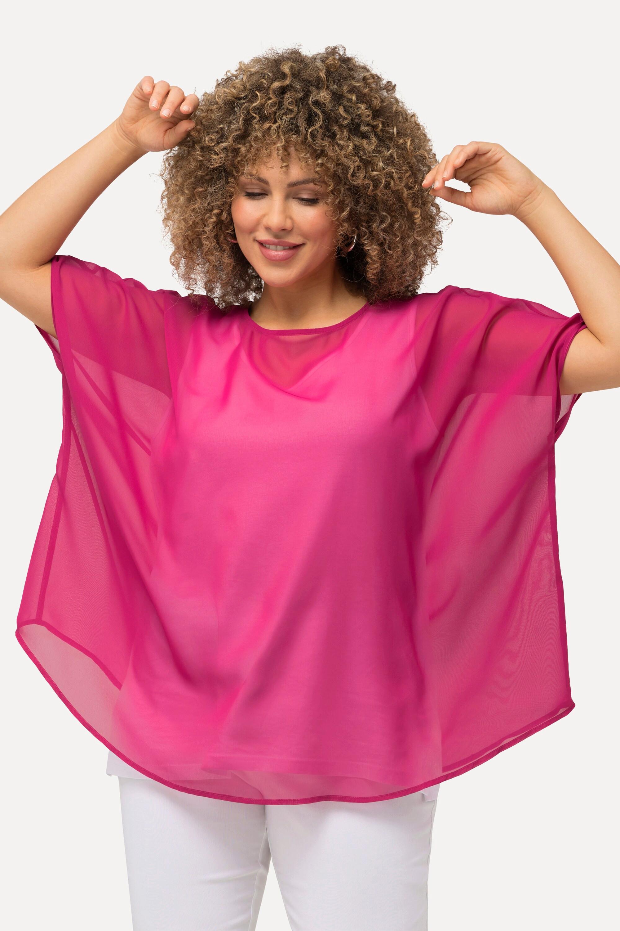 Ulla Popken  Blouse oversized en mousseline. Col rond et manches courtes 