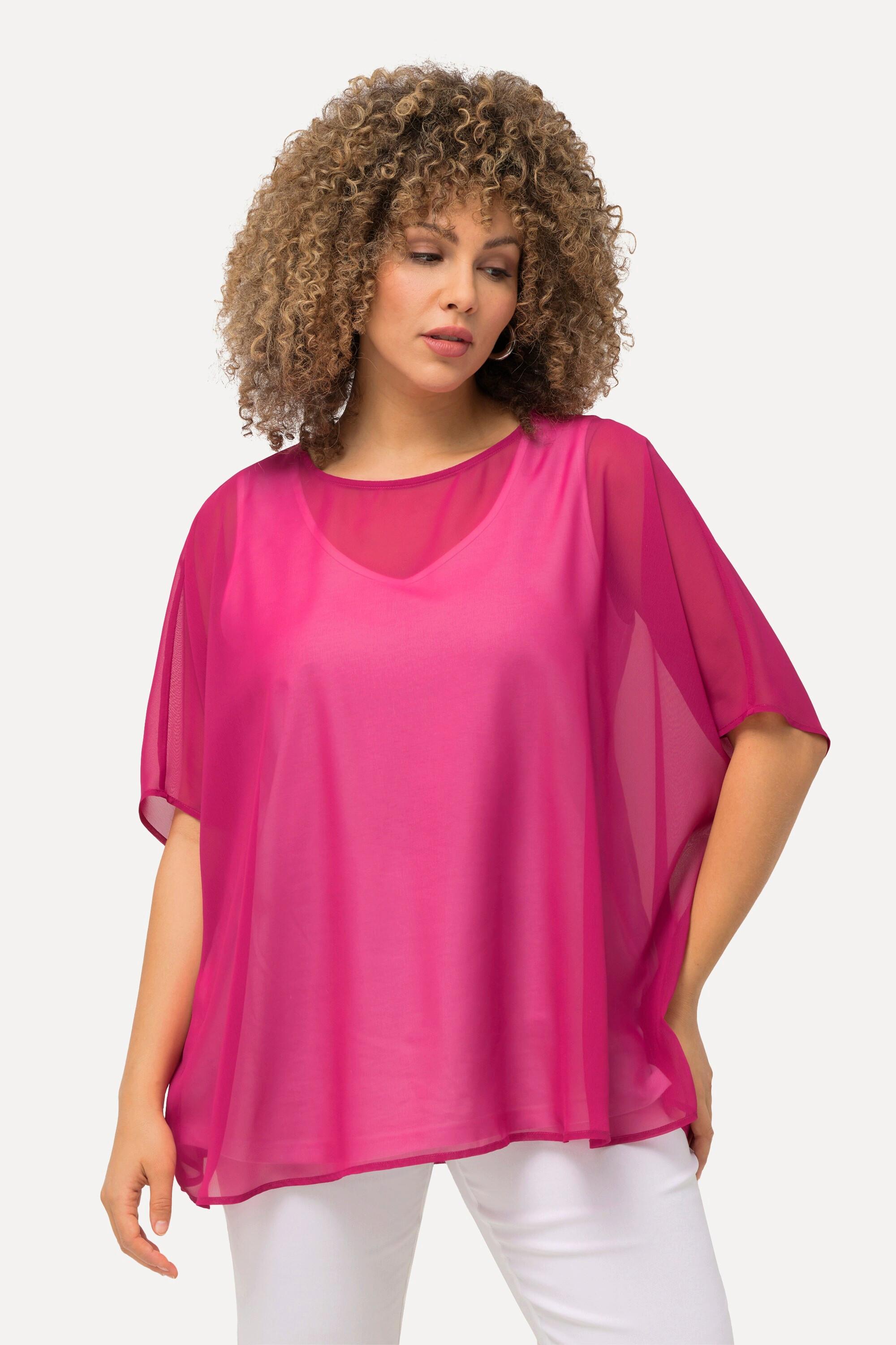 Ulla Popken  Blouse oversized en mousseline. Col rond et manches courtes 