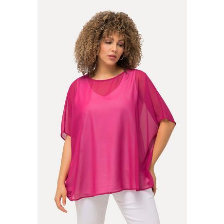 Ulla Popken  Blouse oversized en mousseline. Col rond et manches courtes 