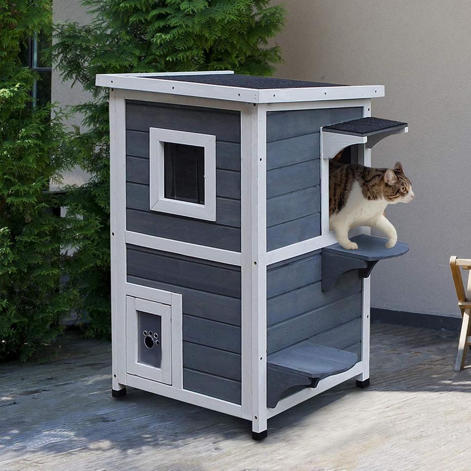 Northio  Cat House Gris Villa Pour Chat À 2 Niveaux Avec Escaliers, Toit En Asphalte Et Fenêtres, Bois De Sapin, 51 X 51 X 81,3 Cm 