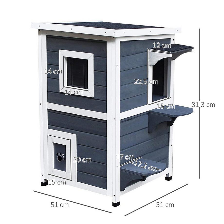 Northio  Cat House Gris Villa Pour Chat À 2 Niveaux Avec Escaliers, Toit En Asphalte Et Fenêtres, Bois De Sapin, 51 X 51 X 81,3 Cm 