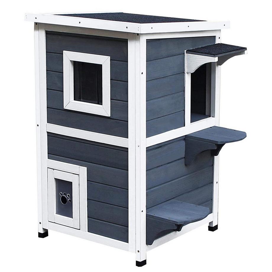 Northio  Cat House Gris Villa Pour Chat À 2 Niveaux Avec Escaliers, Toit En Asphalte Et Fenêtres, Bois De Sapin, 51 X 51 X 81,3 Cm 