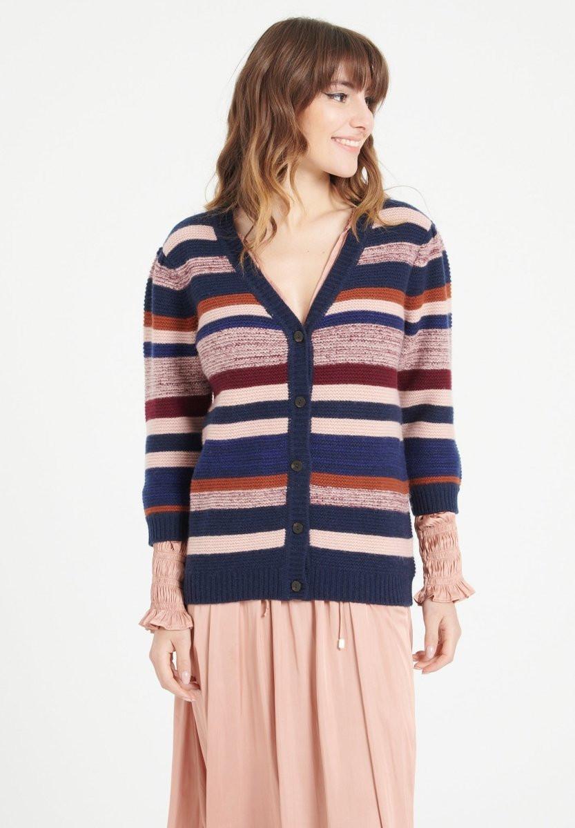 Studio Cashmere8  MIA 11 Cardigan a righe 6ct. con scollo a V - 100% cashmere 