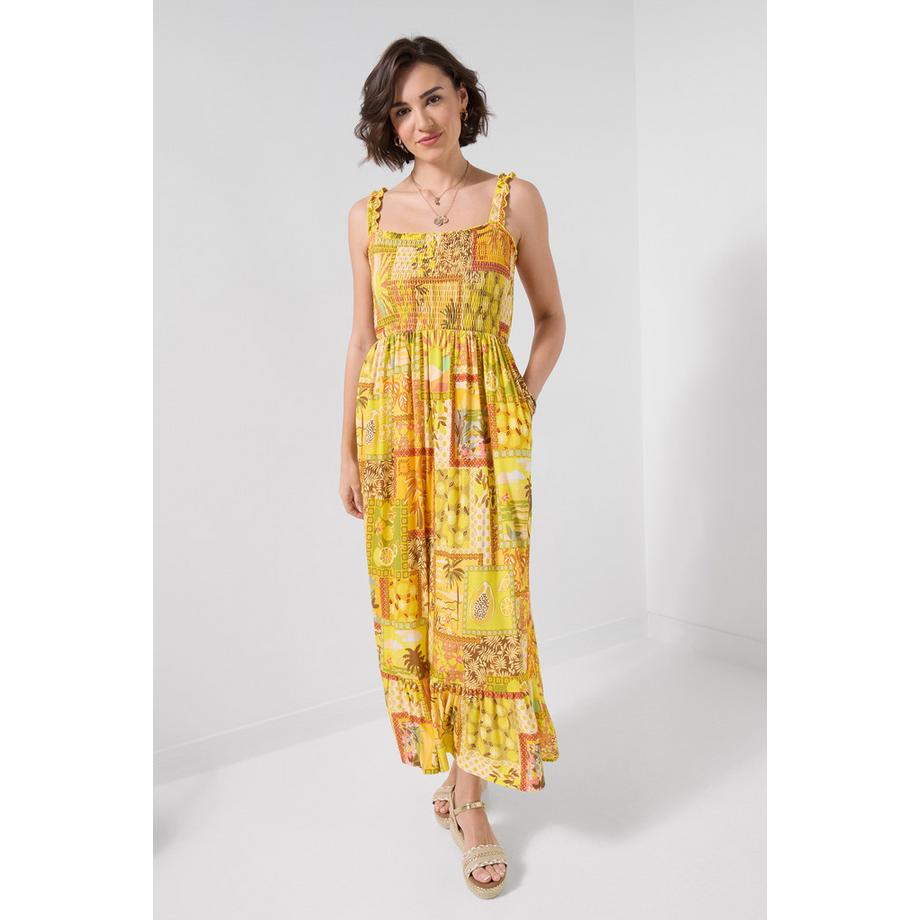 Jersey-Maxikleid mit gesmoktem Oberteil