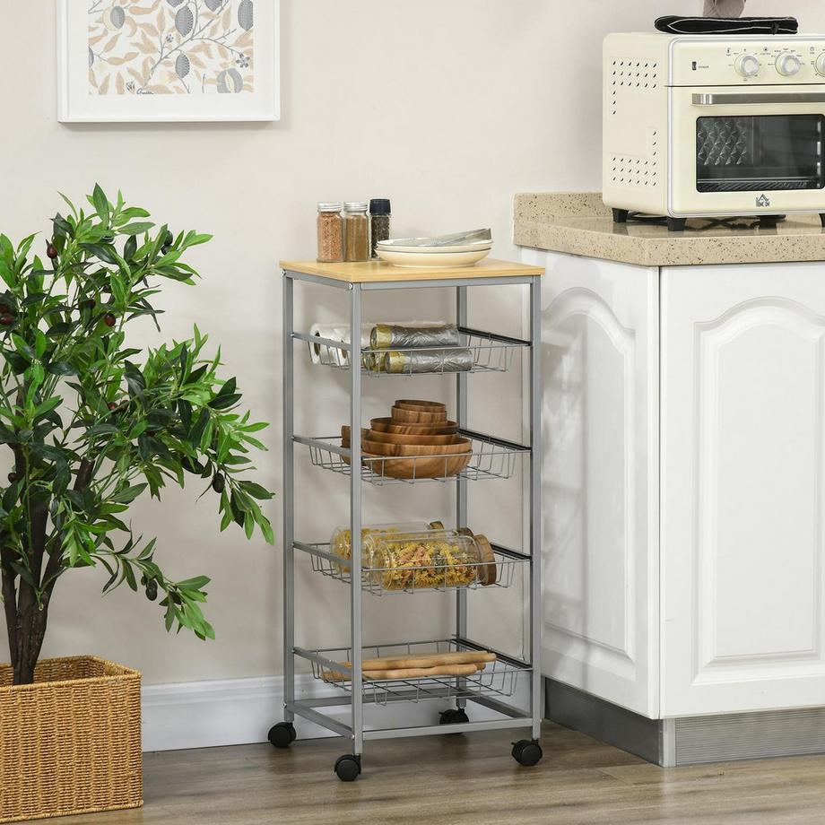 Northio Carrello di servizio carrello da cucina con cestelli in metallo 36,5 x 36,5 x 89 cm carrello da cucina carrello laterale argento per cucina e sala da pranzo  