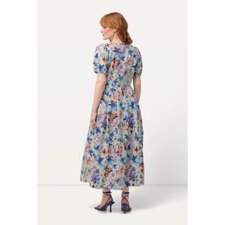 Ulla Popken  Robe midi en lin mélangé. Motif feuilles, décolleté rond et manches courtes bouffantes 