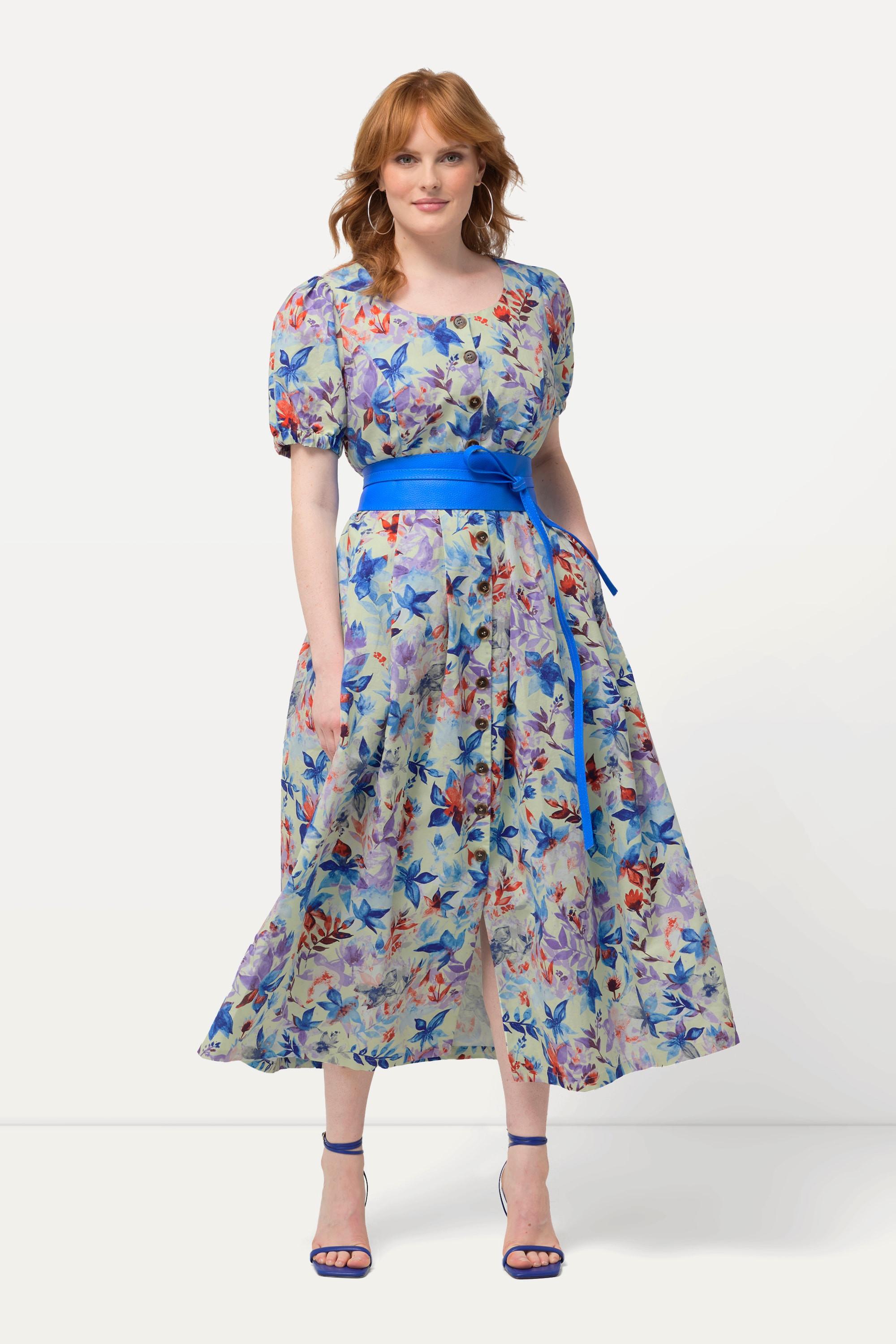 Ulla Popken  Robe midi en lin mélangé. Motif feuilles, décolleté rond et manches courtes bouffantes 