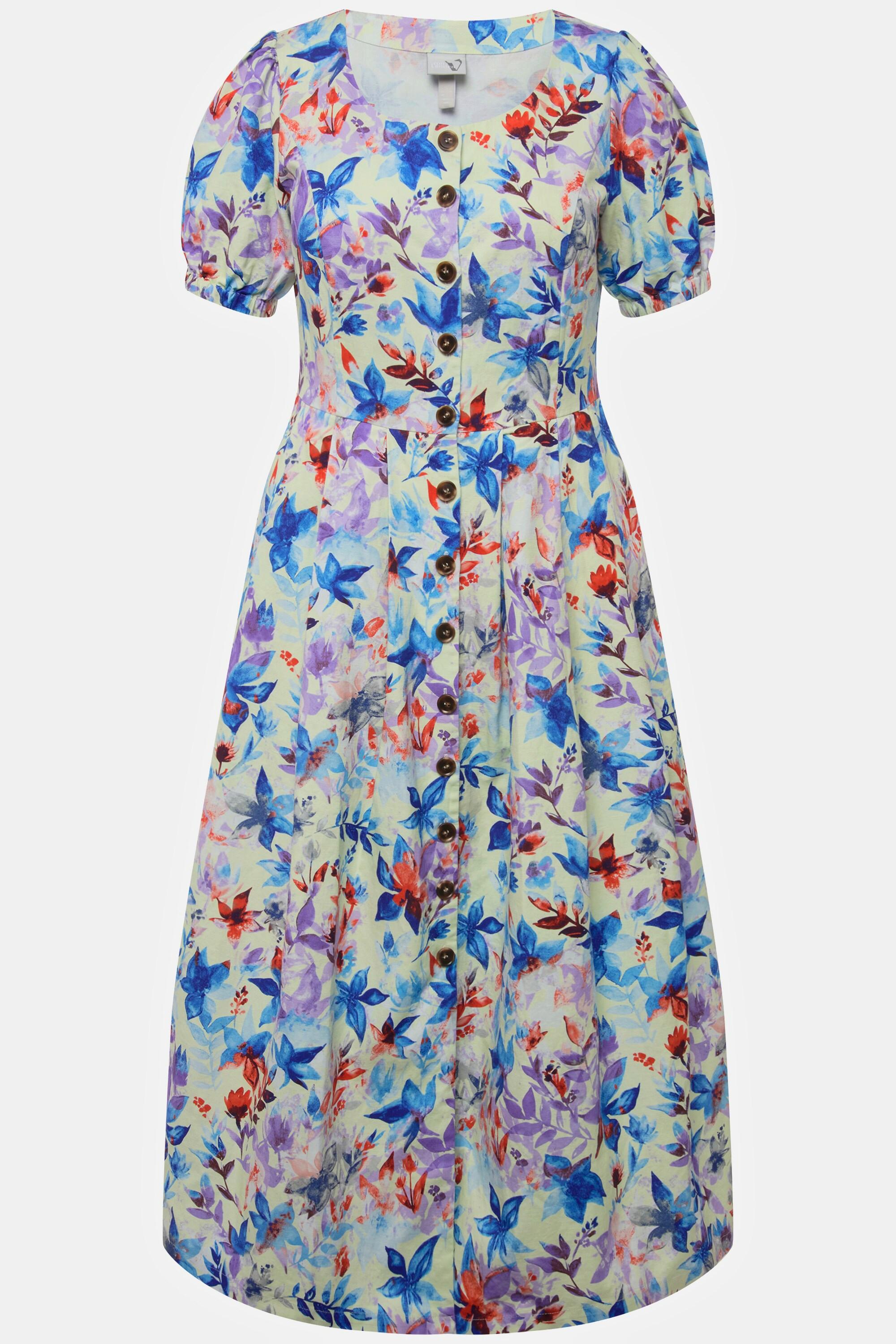 Ulla Popken  Robe midi en lin mélangé. Motif feuilles, décolleté rond et manches courtes bouffantes 