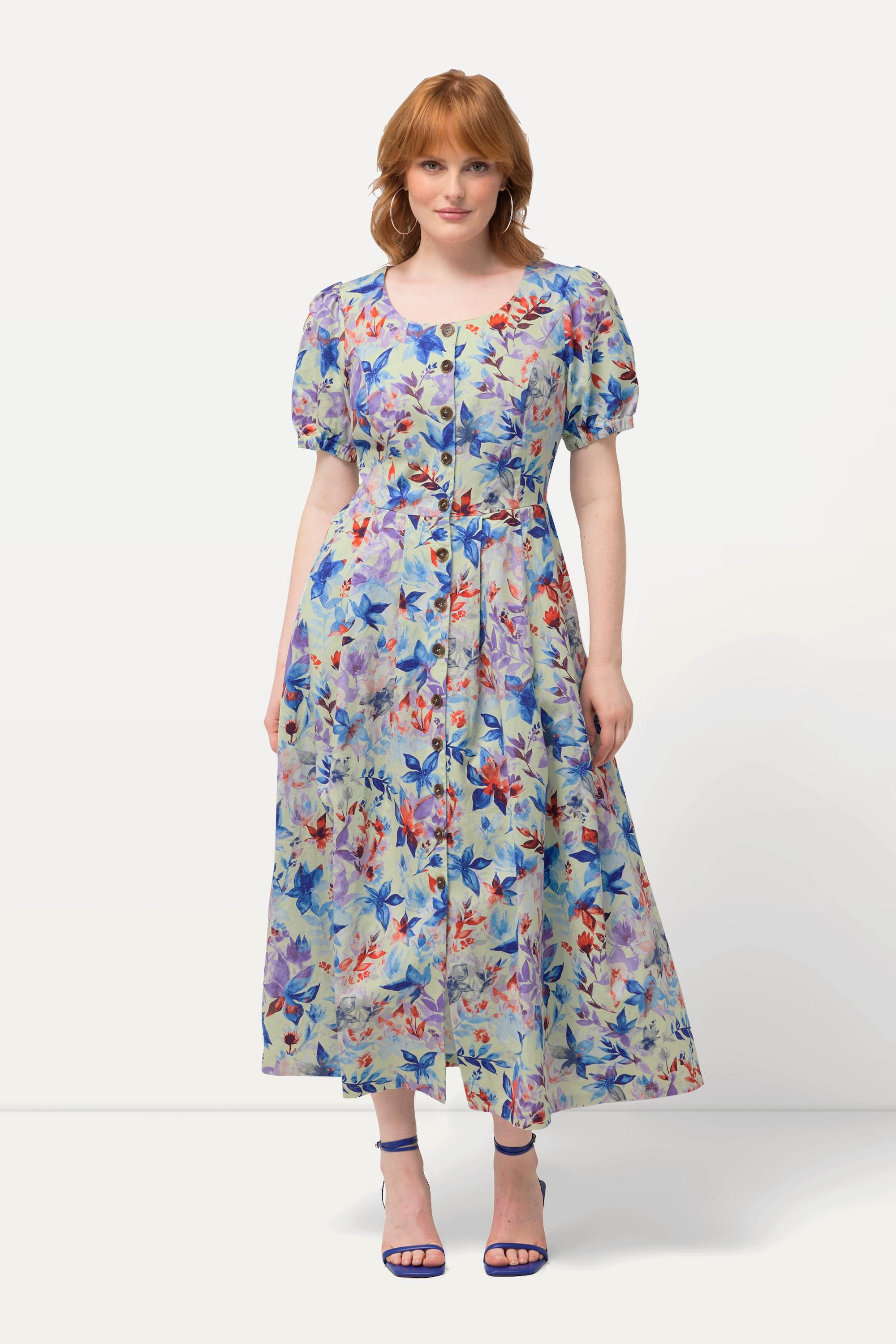 Ulla Popken  Robe midi en lin mélangé. Motif feuilles, décolleté rond et manches courtes bouffantes 