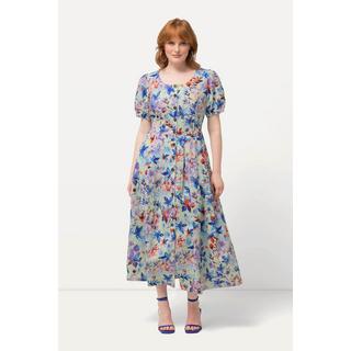 Ulla Popken  Robe midi en lin mélangé. Motif feuilles, décolleté rond et manches courtes bouffantes 