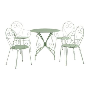 Salle à manger de jardin en métal façon fer forgé : une table et 4 fauteuils - Vert amande - GUERMANTES de MYLIA