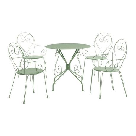 Vente-unique Sala da pranzo da giardino in Metallo Stile ferro battuto: un tavolo e 4 poltrone Verde mandorla - GUERMANTES  