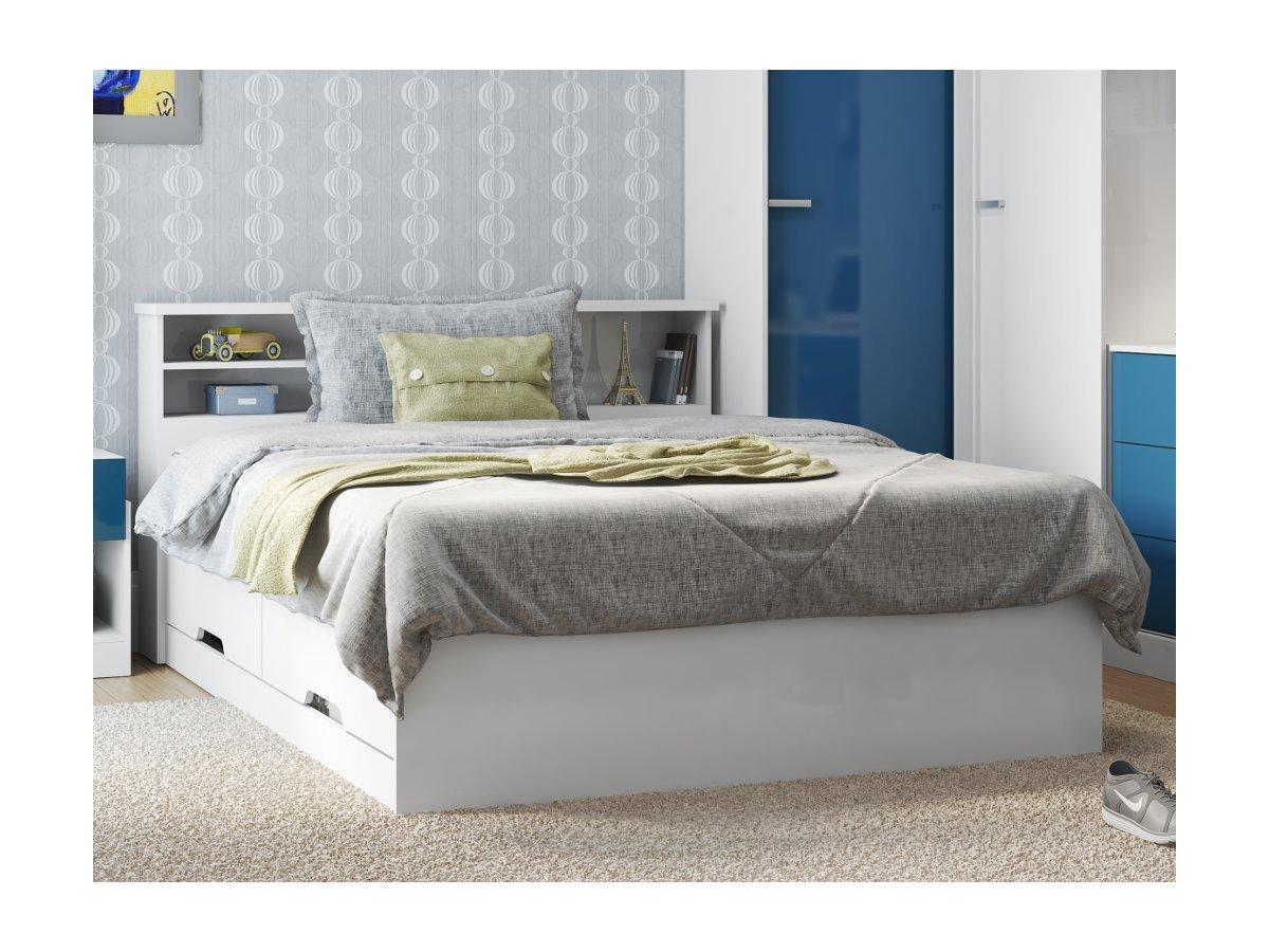 Vente-unique Lit 140 x 190 cm avec tiroirs et rangements - Blanc + Matelas - BORIS  