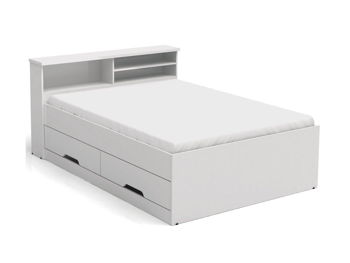 Vente-unique Lit 140 x 190 cm avec tiroirs et rangements - Blanc + Matelas - BORIS  