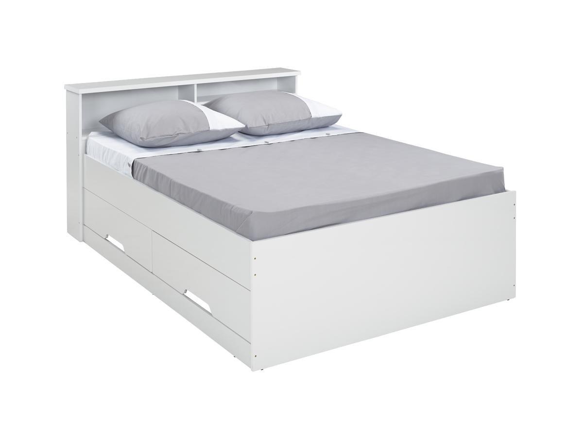 Vente-unique Lit 140 x 190 cm avec tiroirs et rangements - Blanc + Matelas - BORIS  