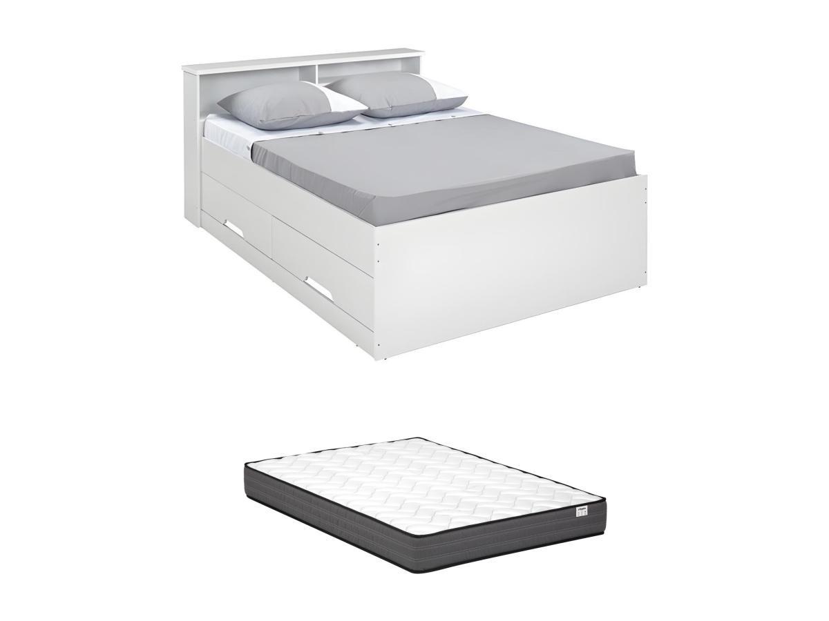 Vente-unique Lit 140 x 190 cm avec tiroirs et rangements - Blanc + Matelas - BORIS  