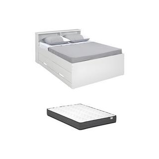 Vente-unique Lit 140 x 190 cm avec tiroirs et rangements - Blanc + Matelas - BORIS  