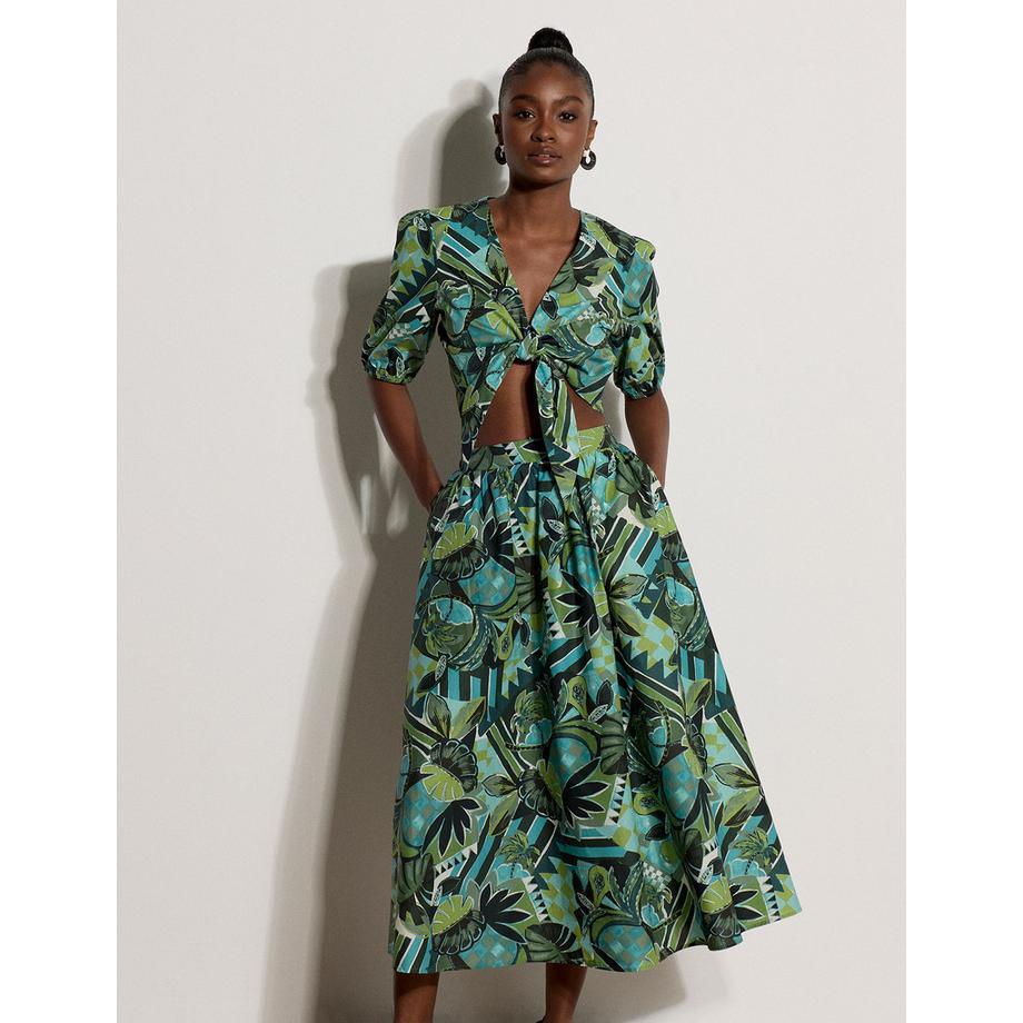 Jupe midi patchwork à motifs de feuilles tropicales