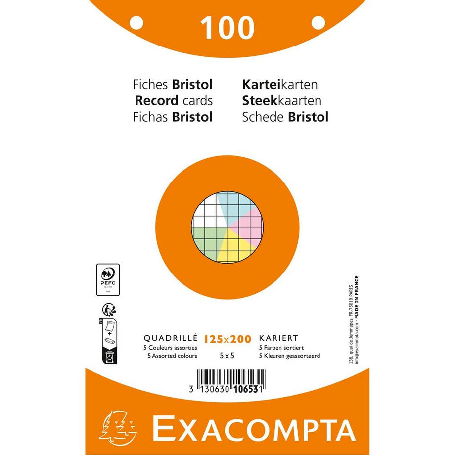 Exacompta Paquet 100 fiches sous film - bristol quadrillé 5x5 perforé - 125x200mm - x 12  