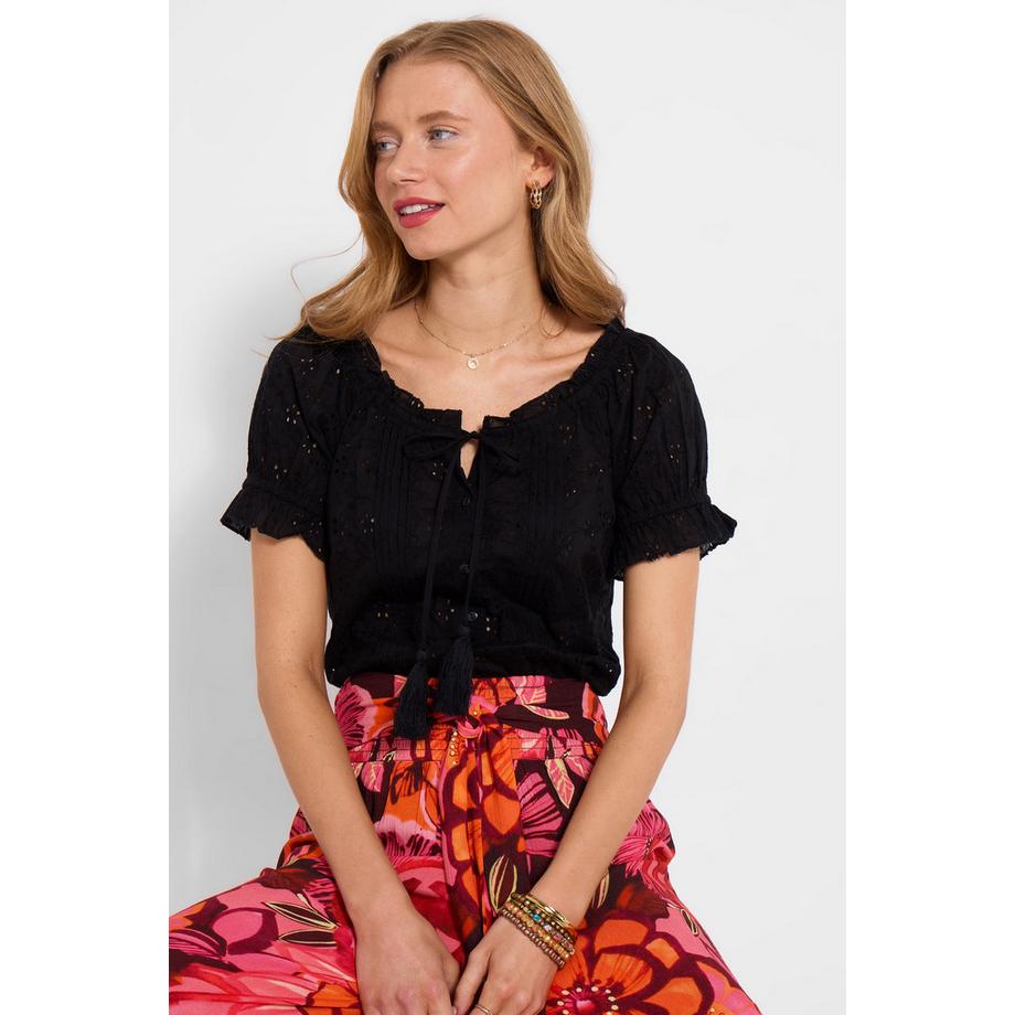 Blouse Broderie à Boutonnage Intégral avec Col à Volants