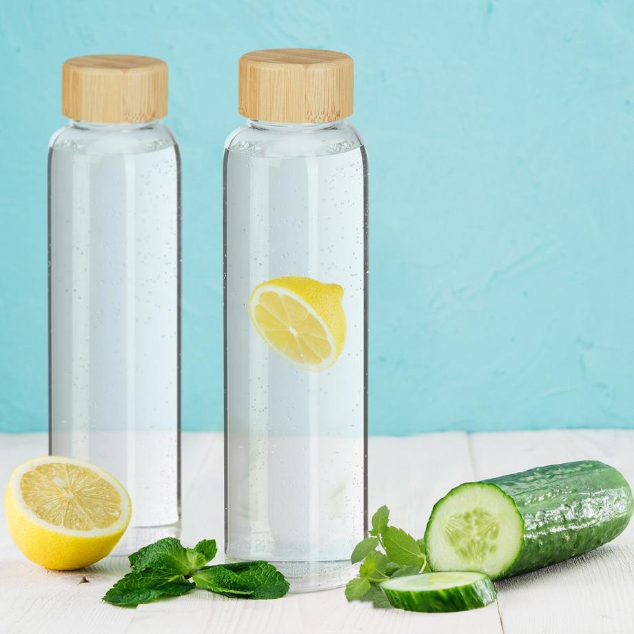 B2X  6x Getränkeflasche mit Bambusdeckel 500 ml 