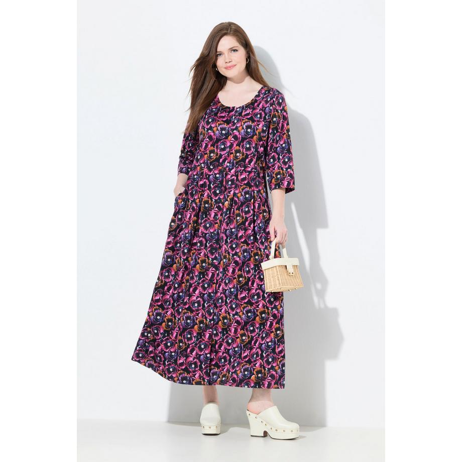 Ulla Popken Jersey Maxikleid Blüten Rundhals 3/4 Arm mit Taschen  