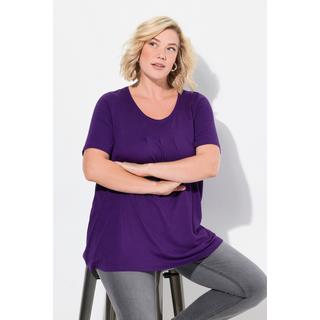 Ulla Popken  T-shirt dal taglio svasato con modal, pieghe decorative, scollo a girocollo e mezze maniche 