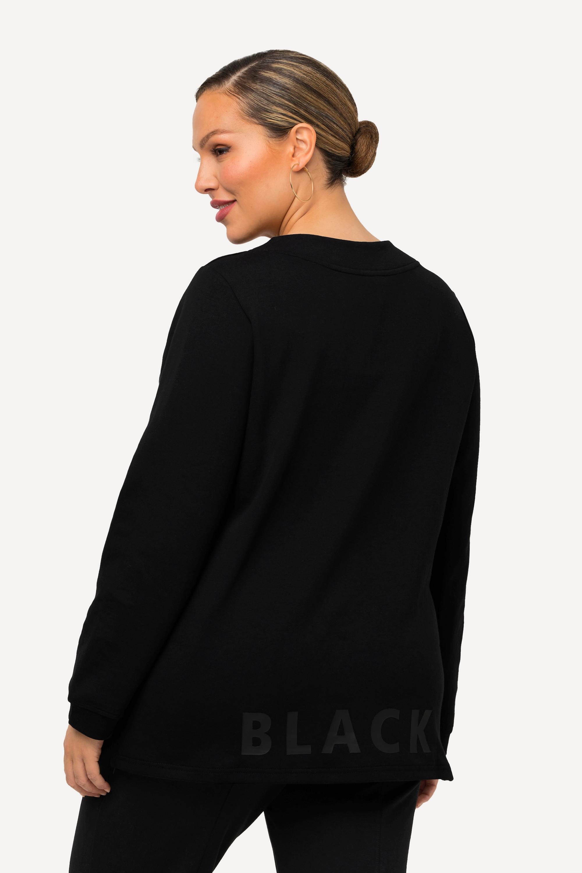 Ulla Popken  Sweatshirt, BLACK-Gummidruck, V-Ausschnitt, Langarm 