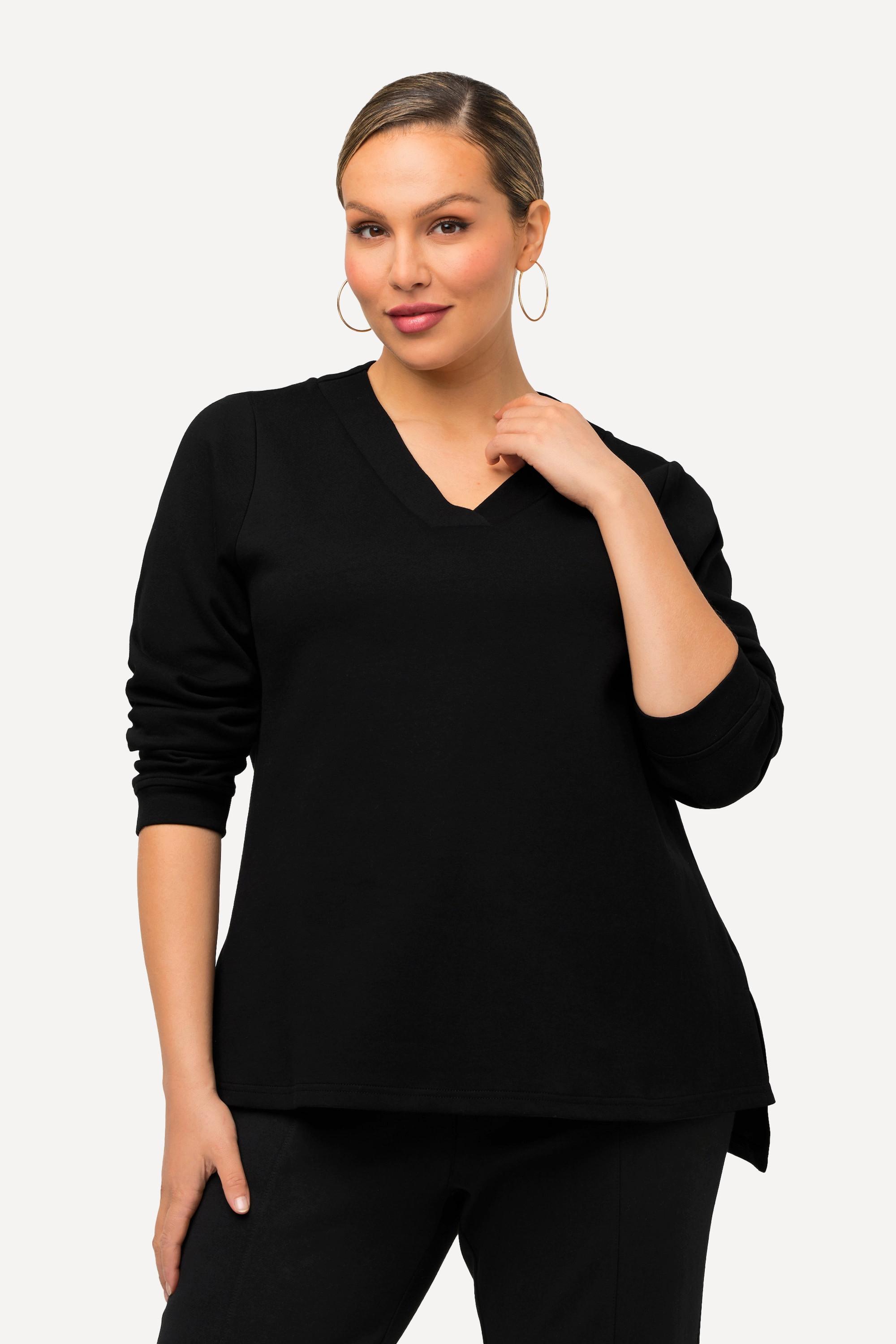 Ulla Popken  Sweatshirt, BLACK-Gummidruck, V-Ausschnitt, Langarm 