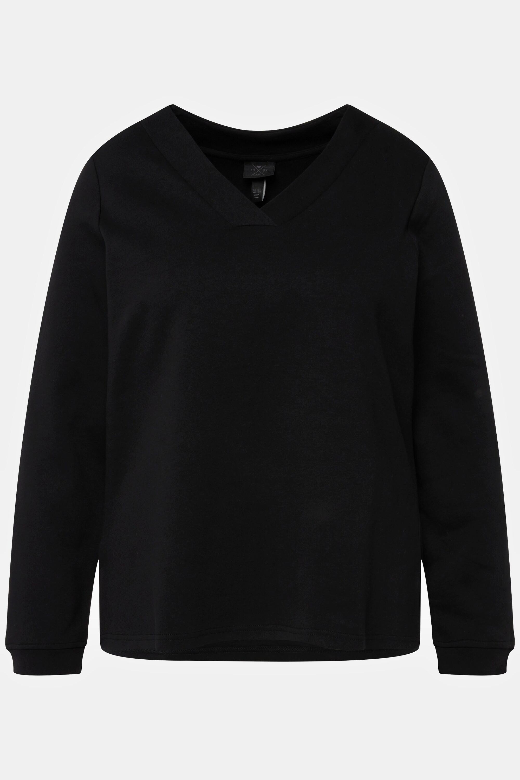 Ulla Popken  Sweatshirt, BLACK-Gummidruck, V-Ausschnitt, Langarm 