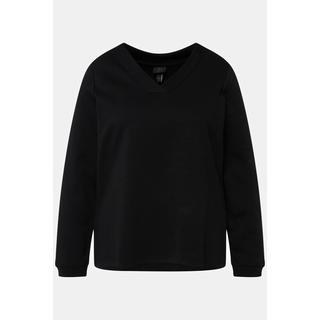 Ulla Popken  Sweatshirt, BLACK-Gummidruck, V-Ausschnitt, Langarm 