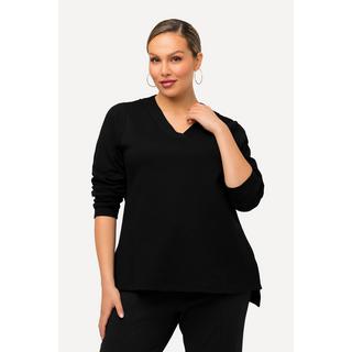 Ulla Popken  Sweatshirt, BLACK-Gummidruck, V-Ausschnitt, Langarm 