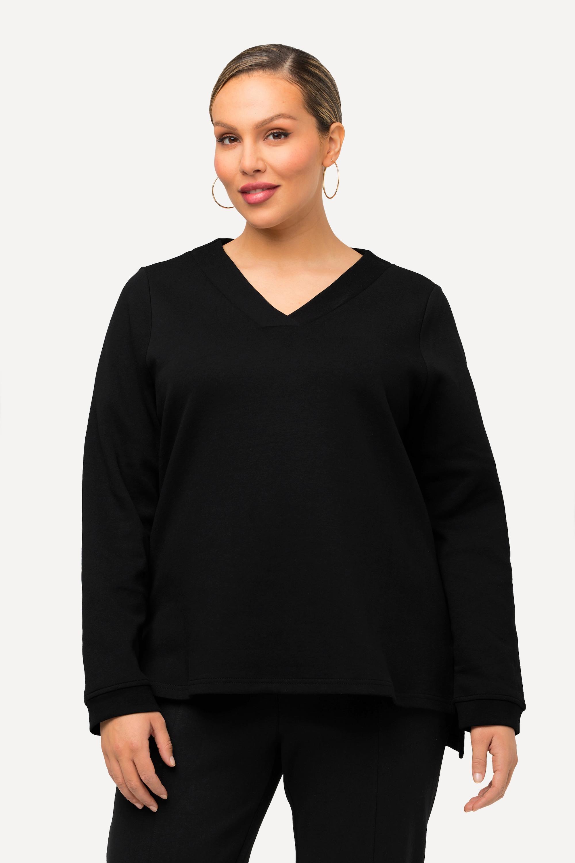 Ulla Popken  Sweatshirt, BLACK-Gummidruck, V-Ausschnitt, Langarm 