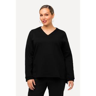 Ulla Popken  Sweatshirt, BLACK-Gummidruck, V-Ausschnitt, Langarm 