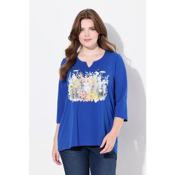 T-shirt à fleurs, col tunisien et manches 3/4, coupe évasée