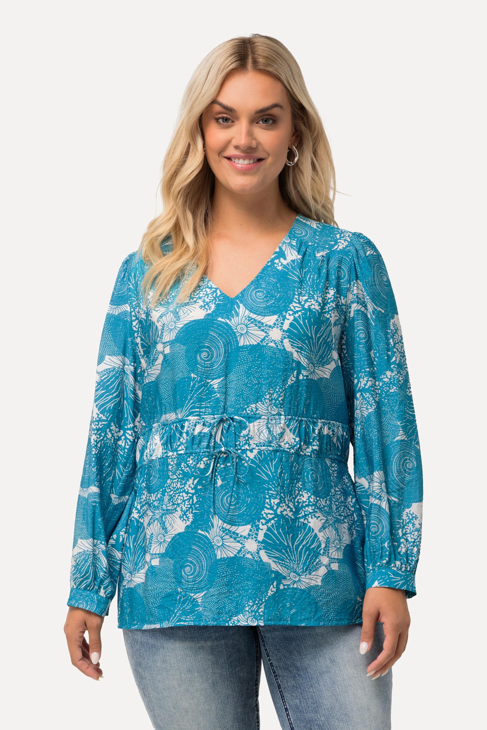 Ulla Popken  Blusa con stampa marittima, scollo a V e mezze maniche 