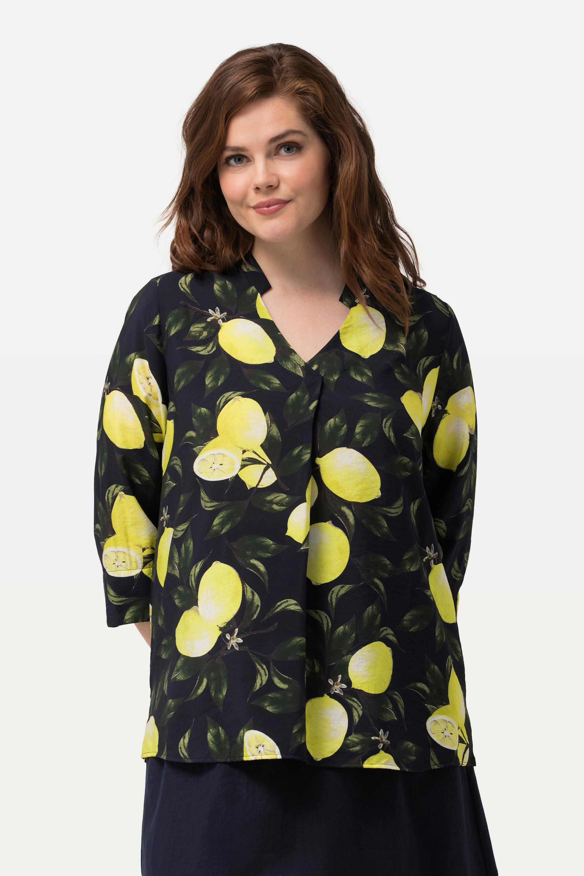 Ulla Popken Tunica Stampa Limoni Scollo a V Collo Alto Maniche 3/4  