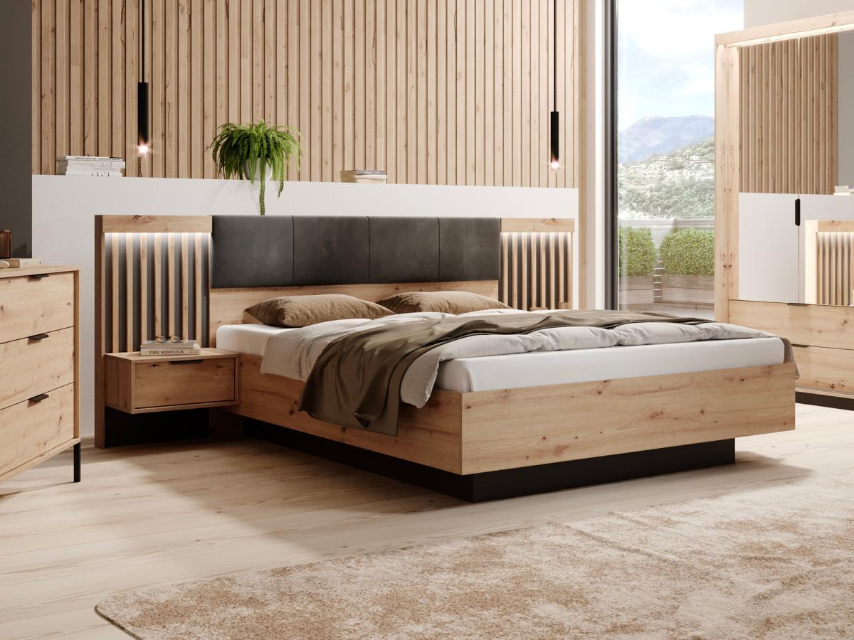 Vente-unique Letto con contenitore con comodini 160 x 200 cm con LED Naturale e Nero + Materasso - ARIADA  