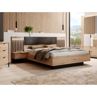 Vente-unique Letto con contenitore con comodini 160 x 200 cm con LED Naturale e Nero + Materasso - ARIADA  