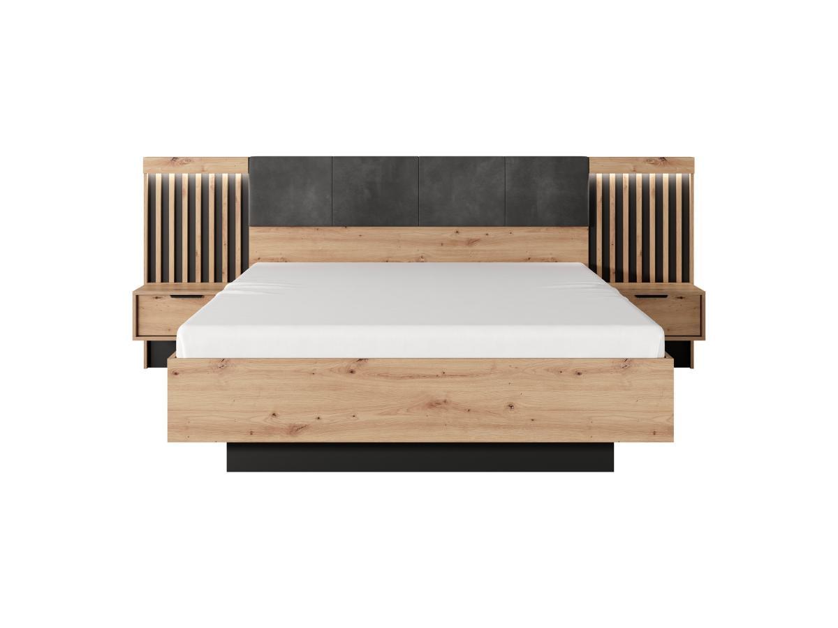 Vente-unique Letto con contenitore con comodini 160 x 200 cm con LED Naturale e Nero + Materasso - ARIADA  