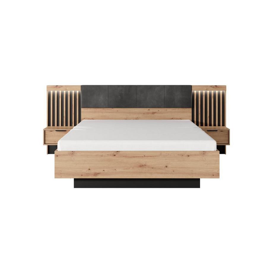 Vente-unique Bett mit Bettkasten - mit Nachttischen & LED-Beleuchtung + Matratze - 160 x 200 cm - Holzfarben & Schwarz - ARIADA  
