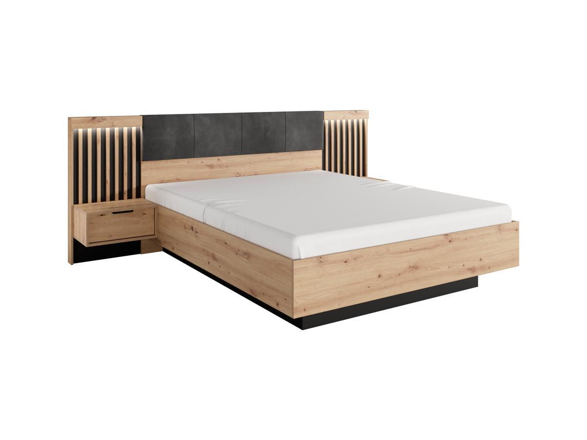 Vente-unique Letto con contenitore con comodini 160 x 200 cm con LED Naturale e Nero + Materasso - ARIADA  