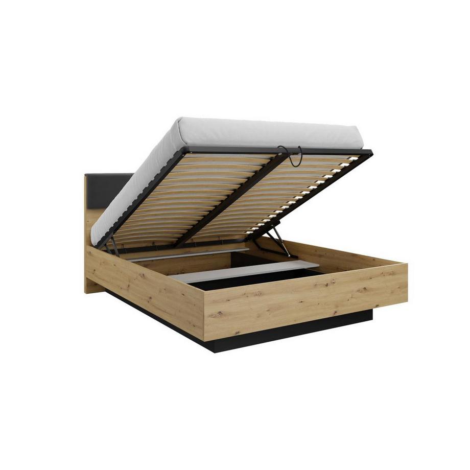 Vente-unique Bett mit Bettkasten - mit Nachttischen & LED-Beleuchtung + Matratze - 160 x 200 cm - Holzfarben & Schwarz - ARIADA  