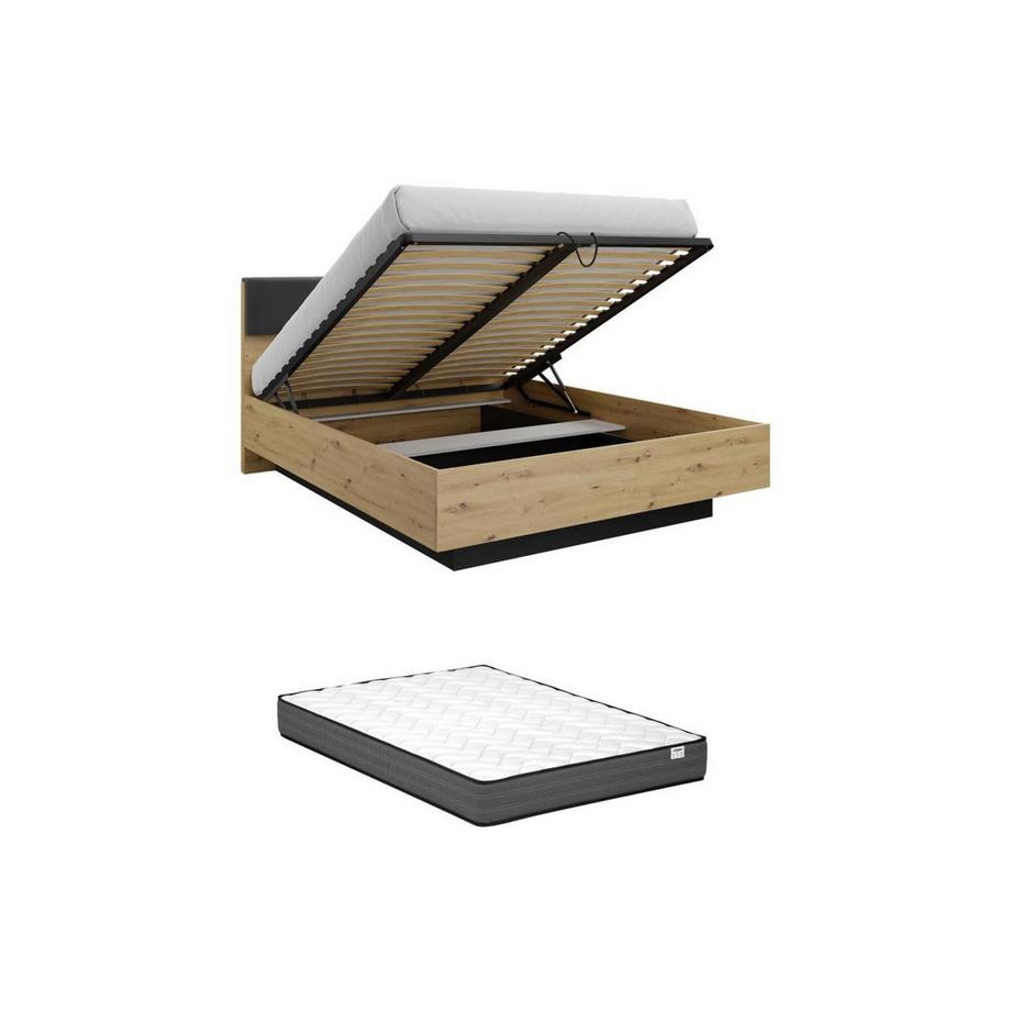 Vente-unique Bett mit Bettkasten - mit Nachttischen & LED-Beleuchtung + Matratze - 160 x 200 cm - Holzfarben & Schwarz - ARIADA  