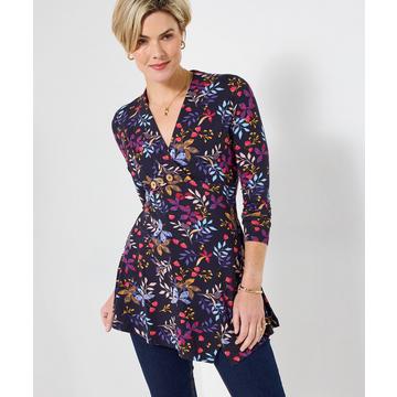 Tunique slim fleurie à ourlet asymétrique et manches longues