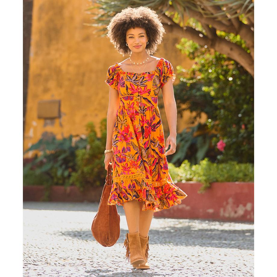 Joe Browns Wadenlanges Kleid mit Herz-Ausschnitt und Tropenmuster  