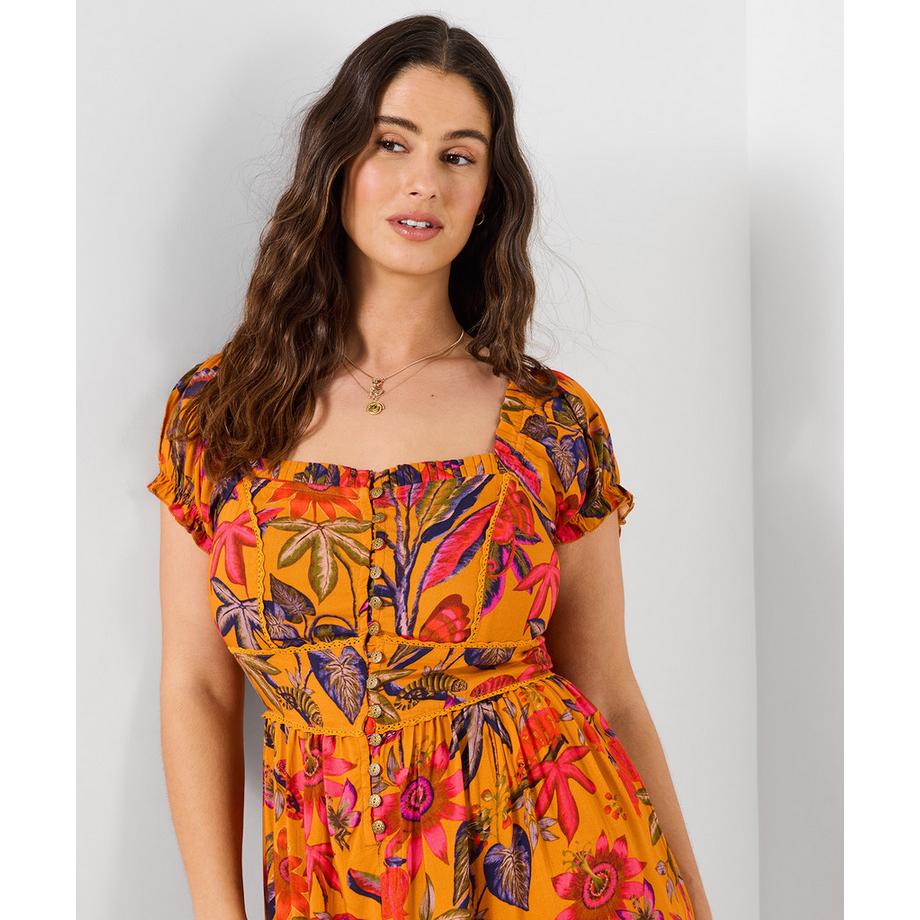 Joe Browns Wadenlanges Kleid mit Herz-Ausschnitt und Tropenmuster  