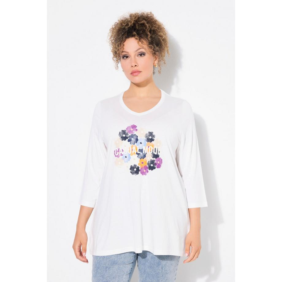 Ulla Popken T-shirt Fleurs Col V Manches 3/4 Classic  
